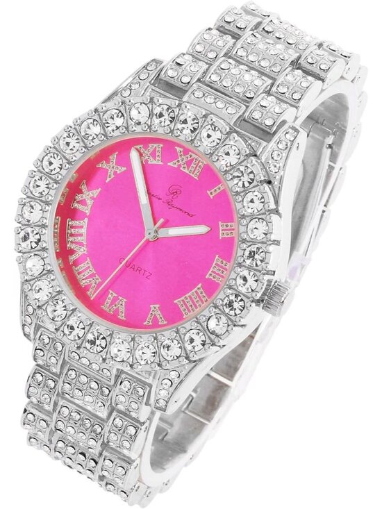 Women\'s Silver Hot Pink Big Rocks Bezel Colored Dial with Roman Numerals Watch